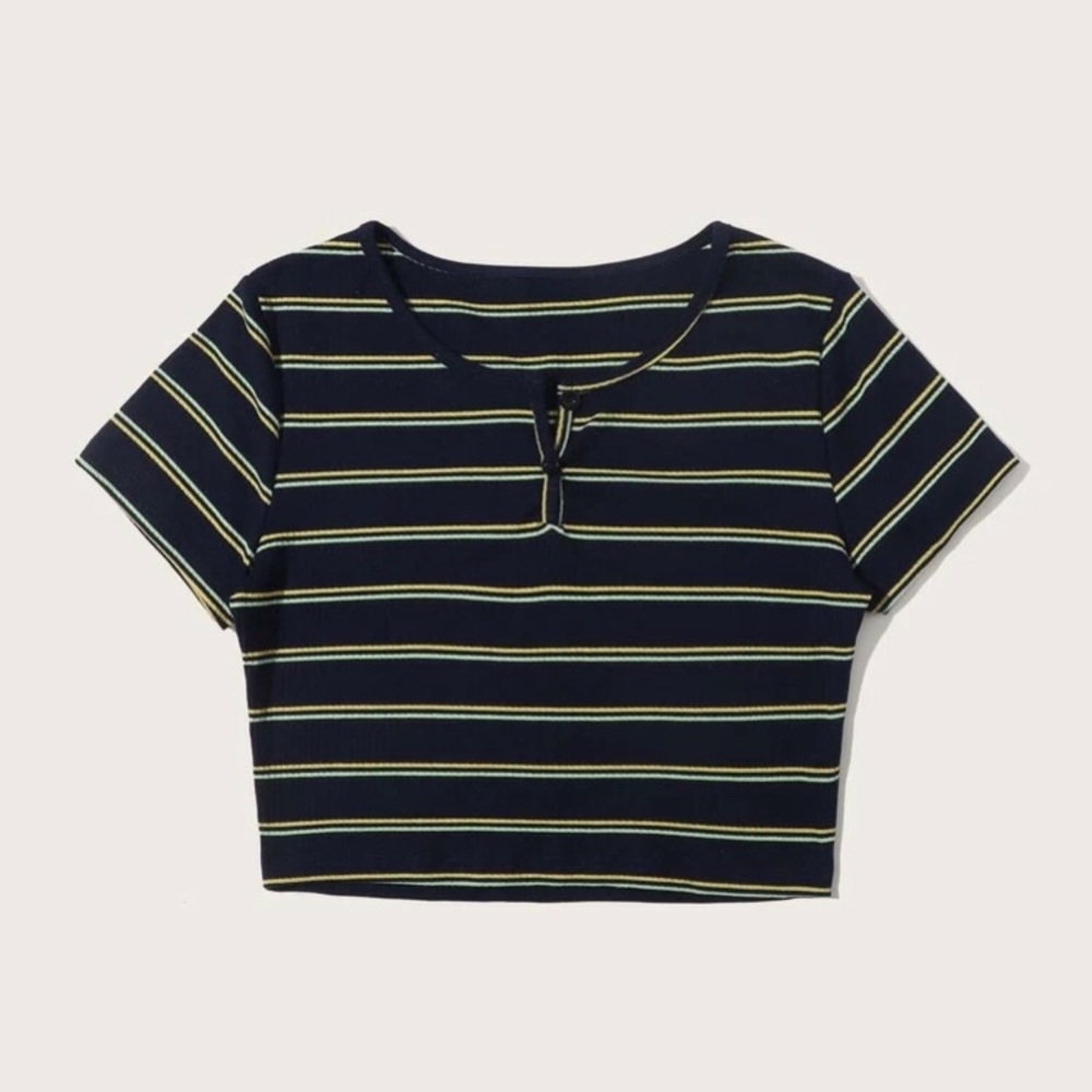 Romwe Striped Navy Crop Top